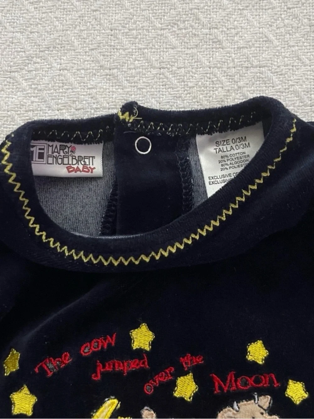 Mary Engelbreit Vintage Navy Velvet Footie with Moon and Stars Embroidery